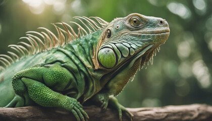 Obraz premium green iguana on a branch at nature 