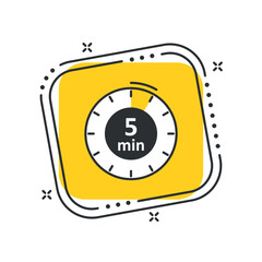 Cartoon сlock icon vector illustration. Timer sign 5 min on isolated yellow square background. Countdown sign concept.