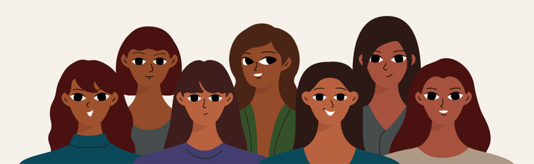 Banner with black women. Different girlish face. Woman's day concept. Flat vector cartoon design.