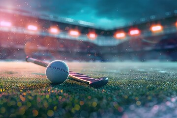 Field hockey stick and ball on the green field