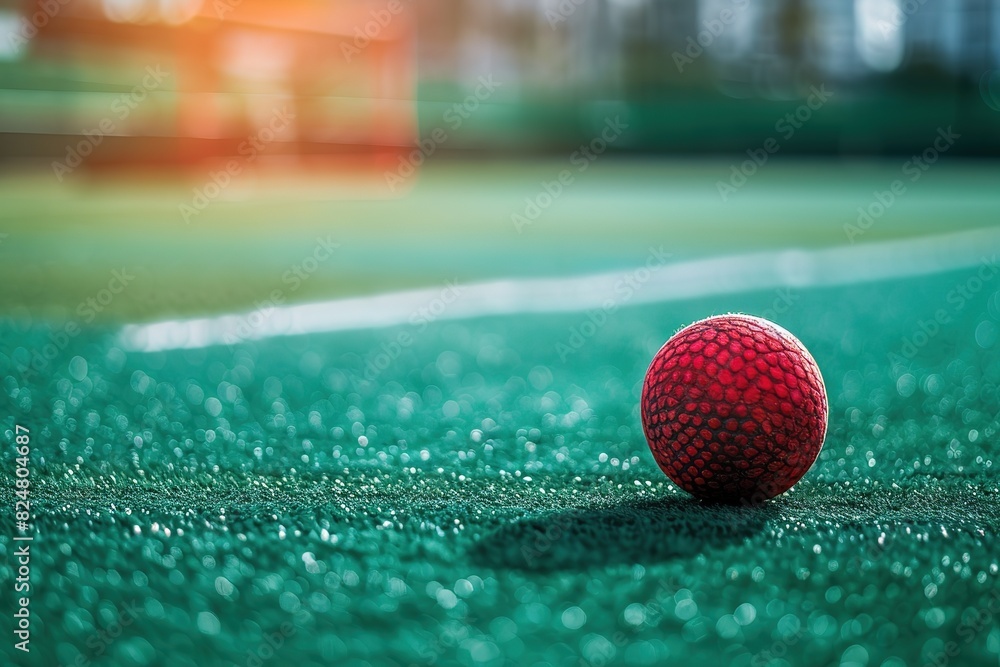 Wall mural Field hockey stick and ball on the green field