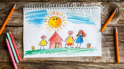 Children's coloured crayon drawings on table simple children's art style 