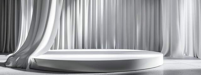 minimalist 3d render of a round podium for product presentation with light gray curtains