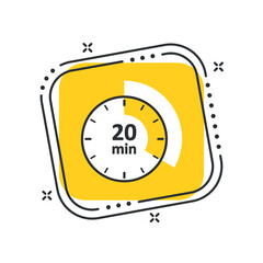 Cartoon сlock icon vector illustration. Timer sign 20 min on isolated yellow square background. Countdown sign concept.