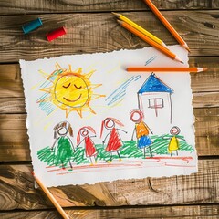 Children's coloured crayon drawings on table simple children's art style 