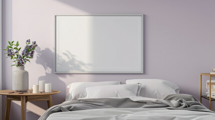 Minimalist bedroom with a cool grey frame mockup under a wooden table, pale lavender wall.