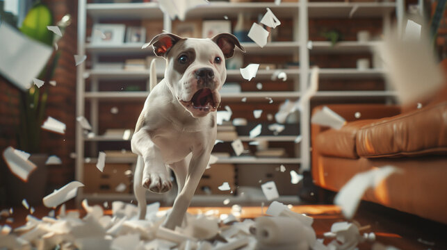 Energetic Dog Running Through Shredded Paper