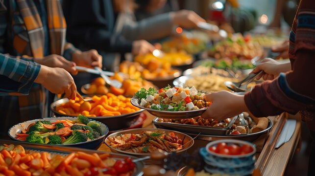 Close-up of hands exchanging food at a potluck dinner , Asia Person, Leading lines, centered in frame, natural light,photography