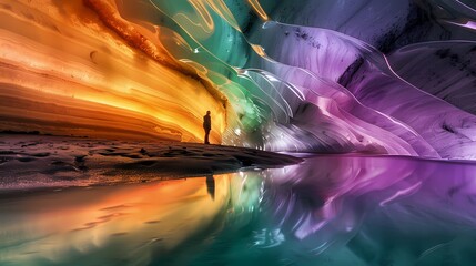 Colorful ice cave waves fantasy characters landscape poster background