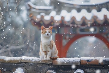 a cat sitting on a ledge in the snow