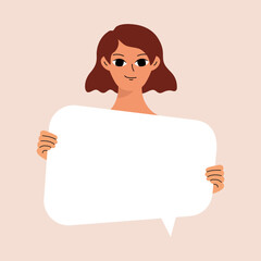 Young woman holding blank placard, poster, mockup. Pretty girl swowing empty presentation. Isolated illustration.