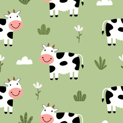 Seamless pattern with cute cow and flowers for your fabric, children textile, apparel, nursery decoration, gift wrap paper. Vector illustration