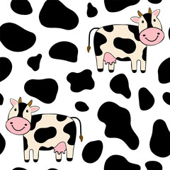 Seamless pattern with cute cow and black and white animal skin texture background for your fabric, children textile, apparel, nursery decoration, gift wrap paper. Vector illustration