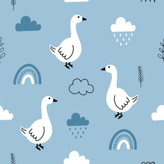 Seamless pattern with cute goose , rain, rainbow, cloud and plants for your fabric, children textile, apparel, nursery decoration, gift wrap paper. Vector illustration