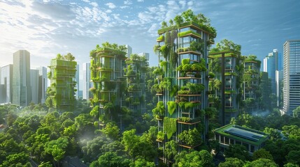 Obraz premium Futuristic urban forest concept shows high-rise buildings covered in lush greenery, blending nature with modern architecture.