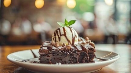 chocolate brownie with ice cream on a plate. Selective focus