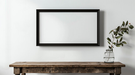 Minimalist room with a sleek black frame mockup under a rustic wooden table, clean white wall backdrop.