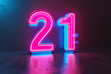 Neon pink and blue glowing number 21 in front of dark wall