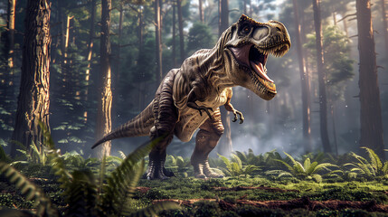 Obraz premium Majestic Tyrannosaurus Rex Roaring in Prehistoric Forest - Dynamic and Powerful Depiction of a T-Rex Amidst Ancient Trees