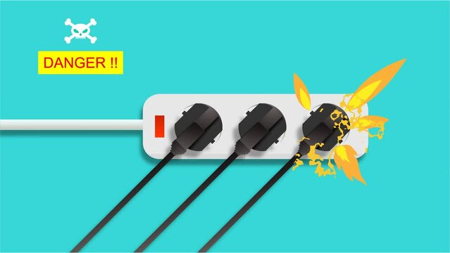 Electric risk burn hazard. Overload plug in power outlet in. caution and warning Danger electricity video.