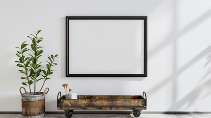 Minimalist room with a sleek black frame mockup under a rustic wooden trolley, clean white wall backdrop.