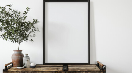 Minimalist room with a sleek black frame mockup under a rustic wooden trolley, clean white wall...