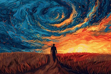 a man walking on a path in a field with a swirl of clouds
