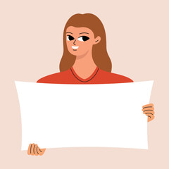 Young woman holding blank placard, poster, mockup. Pretty girl swowing empty presentation. Isolated illustration.