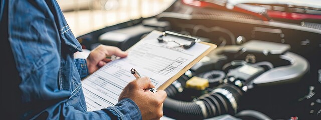 a male auto mechanic fills out a form. Selective focus