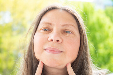Double chin face mature woman 50 years old, human fat neck, side view, wrinkles on skin, facelift,...