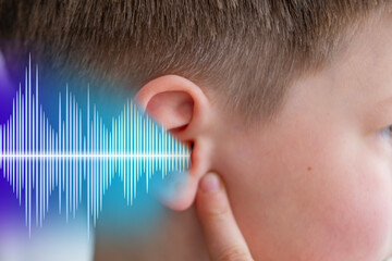 ear closeup, child listening, sound wave, acoustics and sound vibrations, Auditory System, Hearing...