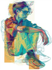 Contemplative young person in stylized digital illustration