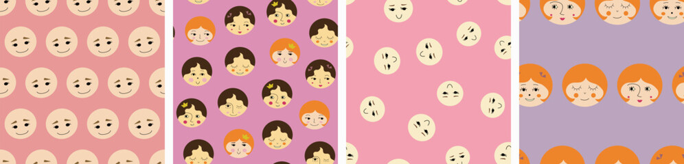 Collection of four repeating patterns, attractive girlish faces. Universal continuous prints, female portrait, seamless design for stationery, branding.