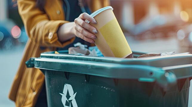 close-up of throwing a paper cup in the trash. Selective focus
