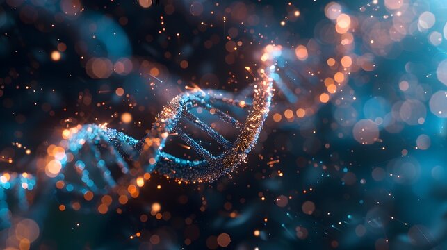DNA helix structure, 3D design, made of particles, particle sizes, diagonal composition,holographic image 