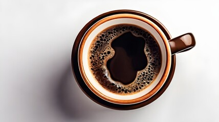 Hot black coffee in a coffee cup, top view, isolated design element, set against a white background