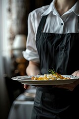 close-up of a waitress carrying a dish. Selective focus