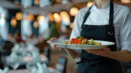 close-up of a waitress carrying a dish. Selective focus