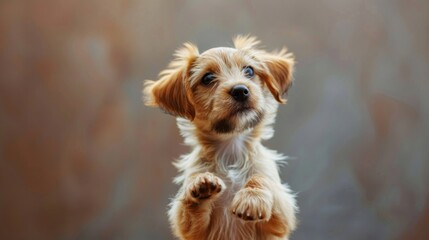 A cute puppy with a playful expression, standing on its hind legs and begging for a treat, looking absolutely charming.