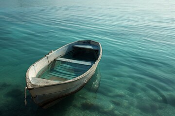 Old wooden rowboat floating on a calm, clear blue lake