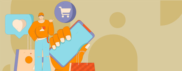 Holiday shopping people doing e-commerce online shopping flat vector concept operation hand drawn illustration
