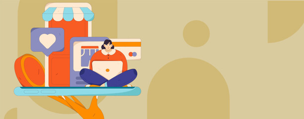 Fototapeta premium Holiday shopping people doing e-commerce online shopping flat vector concept operation hand drawn illustration 