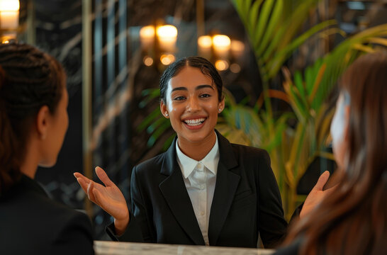  a smiling female hotel receptionist wearing a black suit and white shirt, greeting an array of guests dressed in different styles at the front desk in a luxury modern minimalist art deco style hotel 