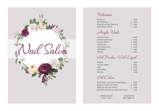 Vector Illustration sticker business card for nail salon decorated with botanical art texture with pricelist and special offer. A4 printable template	