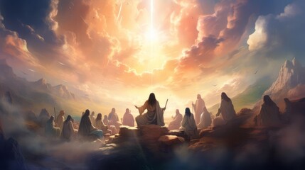 a group of people meeting Jesus in heaven, clouds and sun, dreamy, pastel colors, oil painting style, epic scene, fantasy art cover design