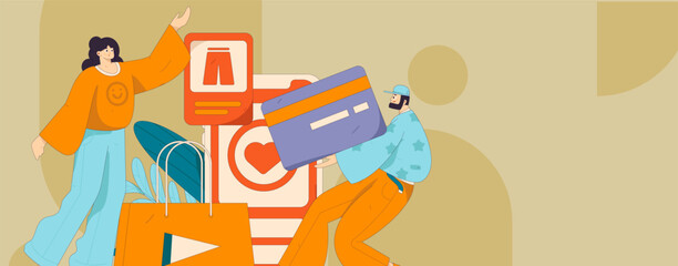 Holiday shopping people doing e-commerce online shopping flat vector concept operation hand drawn illustration
