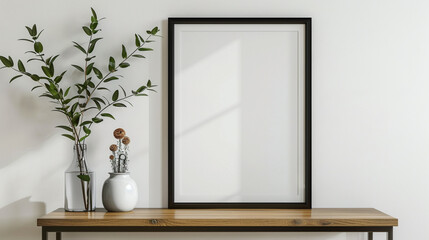 Sleek modern interior with a glossy black frame mockup under a polished wooden table, crisp eggshell white wall.