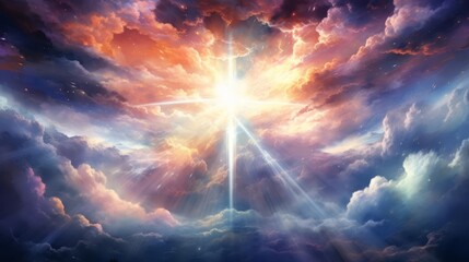 watercolor cross in the sky with clouds, light rays coming out of it, stars, colorful galaxy background, in the style of fantasy art, digital painting