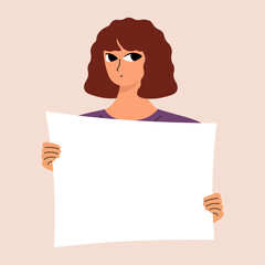 Young woman holding blank placard, poster, mockup. Pretty girl swowing empty presentation. Isolated illustration.
