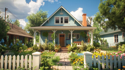 A charming craftsman-style cottage with a white picket fence, a cozy front porch swing, and a colorful array of flowering plants and a small vegetable garden.  - Powered by Adobe
